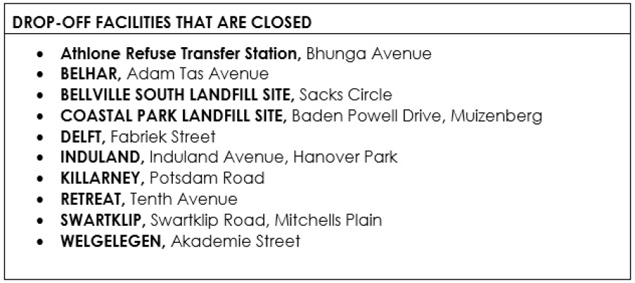 A chart listing closed drop-off facilities